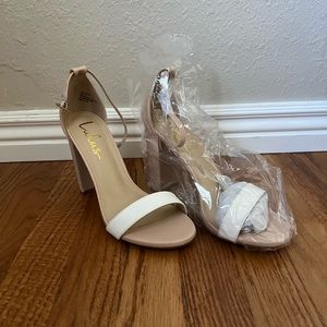 Lulus Taylor Light Nude and White Color Block Ankle Strap Heels